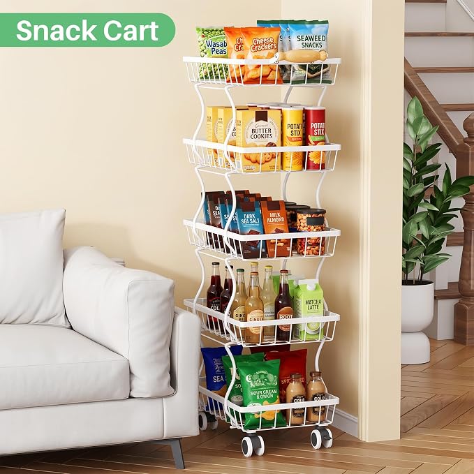 SAYZH 5-Tier Fruit Basket Stand with Vegetable Baskets for Kitchen, White | Stackable Metal Wire Basket, Sturdy Rolling Storage Carts for Kitchen, Pantry Organizer, Snack and Jar Storage - Image 7