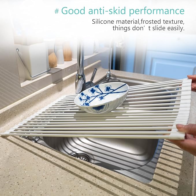 Bigdata&BetterLife Roll Up Dish Drying Rack Simple Large Space Saving Dish Drying Mat with Rack for Kitchen Foldable Silicone Coated Stainless Steel Heavy Duty Dry Rack (Gray, 20.5" x 13.1") - Image 6