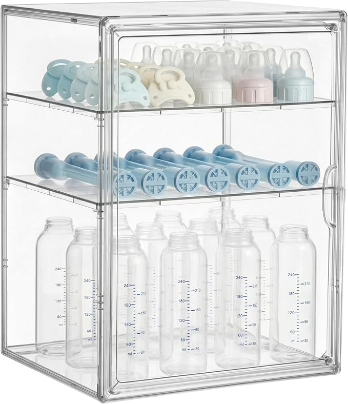 HBlife Baby Bottle Storage Organizer for Countertop Cabinet, 3 Tiers Adjustable Clear Acrylic Bottles Storage Station Case Box Container with 2 Removable Dividers and Magnetic Door, X-Large by HBlife