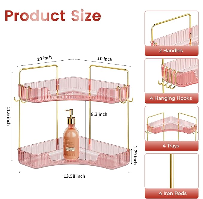 Delicate Pink 2-Tier Corner Counter Organizer Bathroom Organizers | Kitchen & Vanity Storage for PET Makeup Storage Countertop with Hooks, Skincare & Jewelry - Image 2