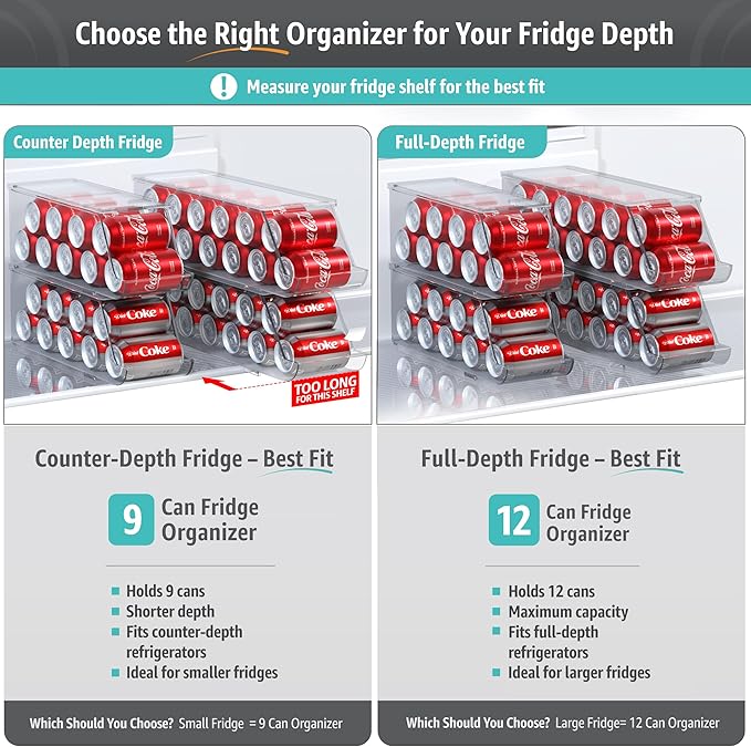 Sorbus Soda Can Organizer for Refrigerator - Stackable Holder Dispenser With Lid for Fridge, Pantry, Freezer - Holds 9 Cans Each, BPA-Free, Clear Design, Drink Organizer (2-Pack) - Image 2