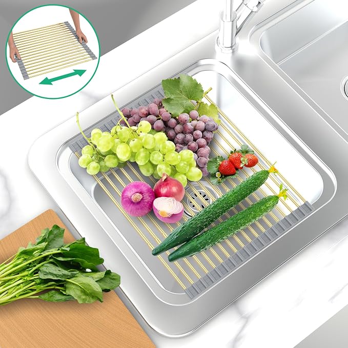 Large Expandable Roll Up Dish Drying Rack, Heat-Resistant Dish Drainer for Stainless Steel Sinks, Over The Sink Non-Slip Silicone Rollable Dish Drainer Roll Rack 18 Tube Gray Silicone & Gold Tube - Image 6