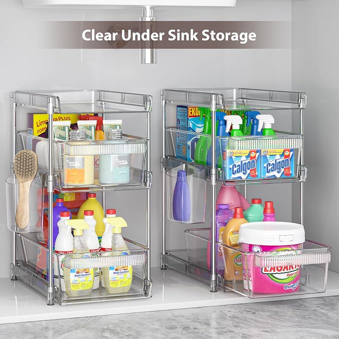 WAKISA 2Pcs Pull Out Organizer and Storage with Cups and Removable Dividers | Slide Out Drawer Storage Containers for Bathroom, Kitchen and Under-Sink Organization with 2 Cups and 6 Removable Dividers - Image 4