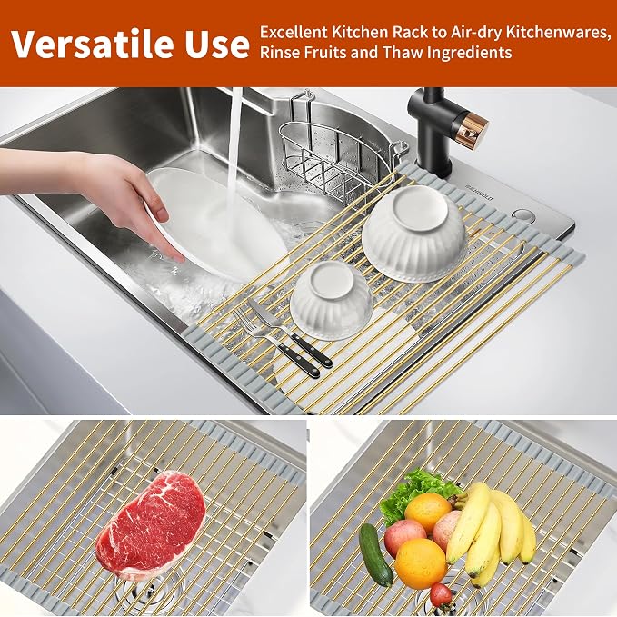 Golden Expandable Roll-UP Dish Drying Rack-Large 304 Stainless Steel Dish Drainer Over The Sink for Kitchen Countertop,Extendable & Rollable & Food Grade (Gold,22.08'x 13.2') - Image 4