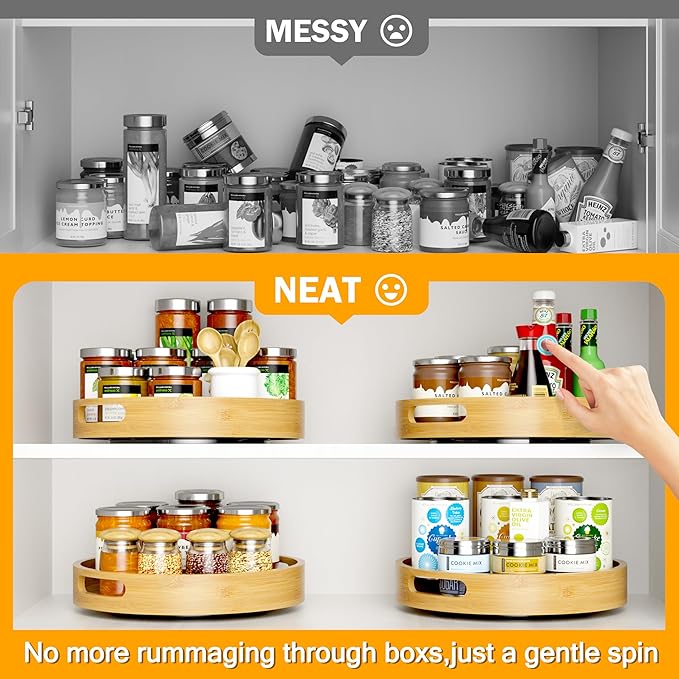 Lazy Susan Organizer Homerays 12 Inch Non-Skid Bamboo Lazy Susan for Kitchen Rotating Spice Rack with Handles, Wood Turntable for Kitchen Cabinet,Countertop (Bamboo, Medium) - Image 5