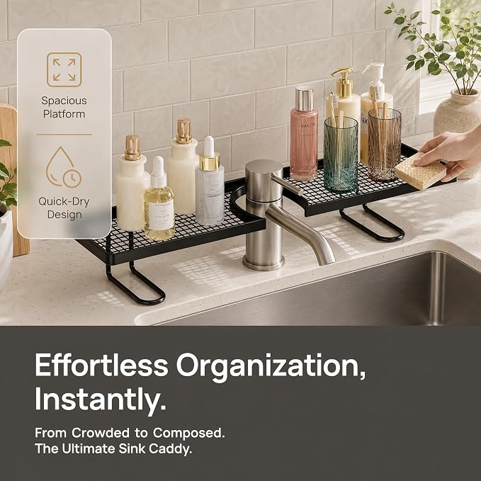 No-Drill Over Sink Organizer Rack, Freestanding Carbon Steel Faucet Storage Caddy, Tool-Free Bathroom Countertop Shelf, Space-Saving Sink Organizer with Quick Drainage (Black) - Image 5