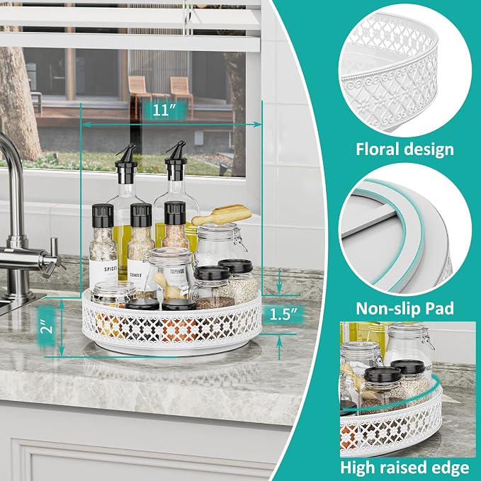11 inch Lazy Susan Turntable - Metal Spice Organizer for Cabinet Table Top | 360° Smooth Rotating Tray White Lazy Susan with Rim for Dining Table, Pantry, Countertop, Kitchen, Bathroom Vanity Storage - Image 3
