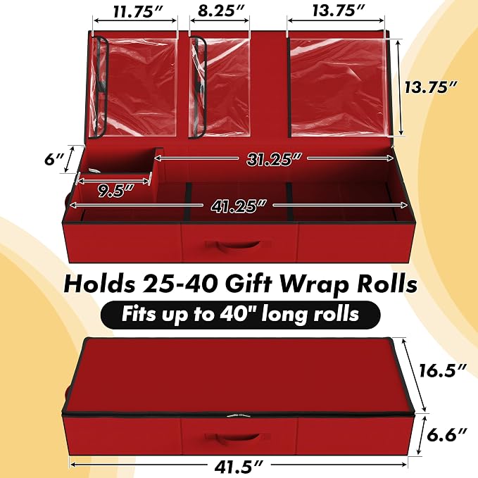Simple Houseware 41.5" Wrapping Paper Organizer, Fits 40 Rolls, Red | Adjustable Straps, Interior Divider for Ribbons & Bows, 3 Clear Pockets for Gift Bags & Tools, 41.5"L x 16"W - Image 2
