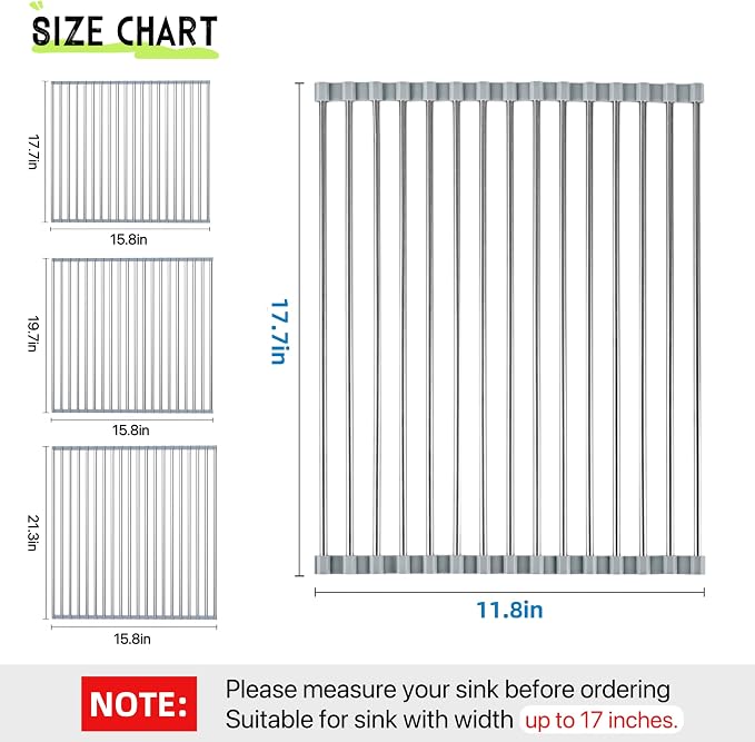 Roll Up Dish Drying Rack, 17.7" x 11.8" Over The Sink Dish Drying Rack, Dish Drying Rack for Kitchen Sink Counter Storage (Grey) - Image 2