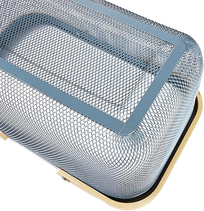 Portable Mesh Harvest Basket - Natural Bamboo Handle Foldable Organizer for Kitchen, Garden & Picnic | Ventilated Storage Bin with Rust-Proof Wire, Space-Saving Farmhouse Decor (Blue) - Image 6