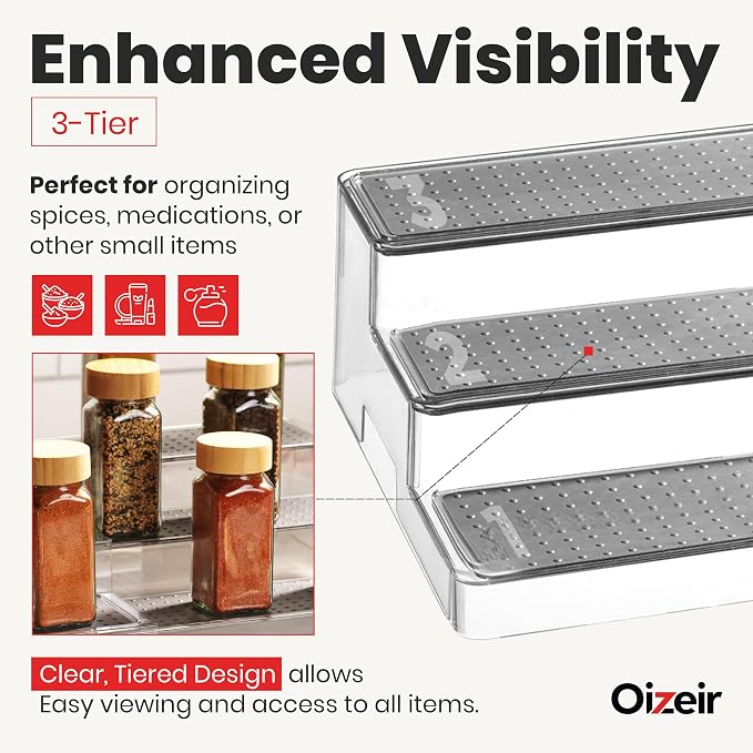 Oizeir Expandable Spice Rack Organizer for Cabinet (4 Pack), 3-Tier Clear Tiered Shelf, Non-Slip Adjustable Spice Cabinet Organizer for Kitchen Pantry, Medicine, Seasoning & Bottle Storage - Image 4