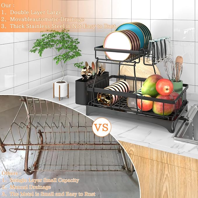 2-Tier Dish Drying Rack - Dish Rack with Auto Drain-to-Sink & Mat | Dish Racks for Kitchen Counter, Dish Drainer with Knife Fork & Cup Rack, Gifts for Women, Mothers Day, Kitchen Gadgets, Black - Image 5