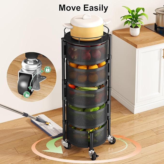 SAYZH 5 Tier Fruit Vegetable Basket Stand for Kitchen, Rotating, Black | Rolling Storage Cart with top lid, Large Metal Wire Rack for Potato and Onion Storage - Image 5