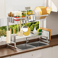ADBIU Luxurious 304 Stainless Steel Over Sink Dish Drying Rack (Suitable for Sink Length 24.6"- 36.2") Snap-On Design 2 Tier Large Kitchen Dish Rack Stainless Steel Counter Organization and Storage by ADBIU