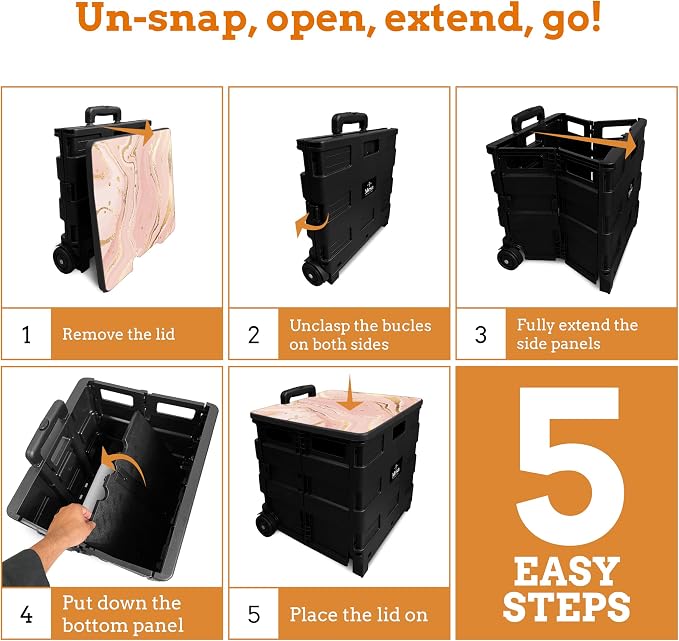Inspired Living Collapsible Ultra-Slim Pack-N-Roll,2 Wheel Utility Cart w/Lid Used as Seat up to 250 Lbs, Telescopic Handle, Super Strong, for Home,Garden,Shopping,Office,School, Large, Pink Marble - Image 6