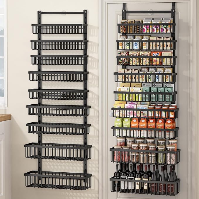 POKIPO 9 Tier Over The Door Pantry Organizer, 2 in 1 Wall Mount or Hanging Spice Rack with Adjustable Deep Basket, Heavy-Duty Seasoning Organizer and Storage for Kitchen Cabinet Closet Bathroom by POKIPO