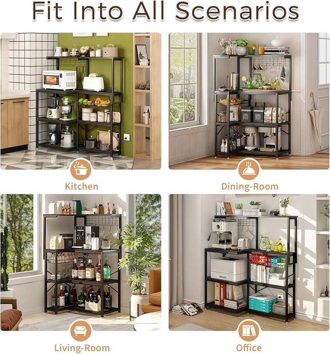 4-Tier L-Shaped Baker's Rack with Power Outlet,Corner Coffee Bar,Black | Kitchen Appliance Storage, Pull Out Basket, 6 Hooks and Flexible Installation Options for Kitchen, Balcony, Living Room - Image 9