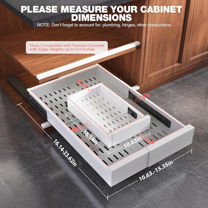 Seinloes Pull Out Cabinet Organizer,4-Side Expandable to Maximize Cabinet Space,Slide Out Drawers with 3 Rail Design,Roll Out Shelf with Raising Pad for Framed Cabinet,11"-16"W x 17"-24"D,White,2 Pack - Image 5