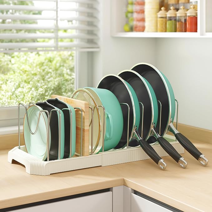 Expandable Pan Organizers Inside Cabinet with 10 Dividers White | Extends 12.9-21.9", Holds cookie sheets, cutting boards, pot lids and pans, iron dividers, plastic base, under cabinet rack - Image 8
