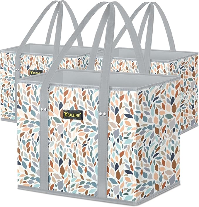 BALEINE 3PK Reusable Grocery Bags, Heavy Duty Shopping Tote Bag | 12'' Long Handles, Reinforced Bottom Keeps Upright, Fold Flat Storage, Water-Resistant Shopping Bag, Multiple Color Options by BALEINE