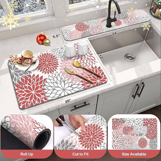Findosom 2PCS 12" x 20" Christmas Dish Drying Mat & 24" x 5.5" Sink Splash Guard, Super Absorbent & Cuttable Dish Mat Drying Kitchen Mat with Red Floral, Hide Stain Drying Mat for Kitchen Counter - Image 2