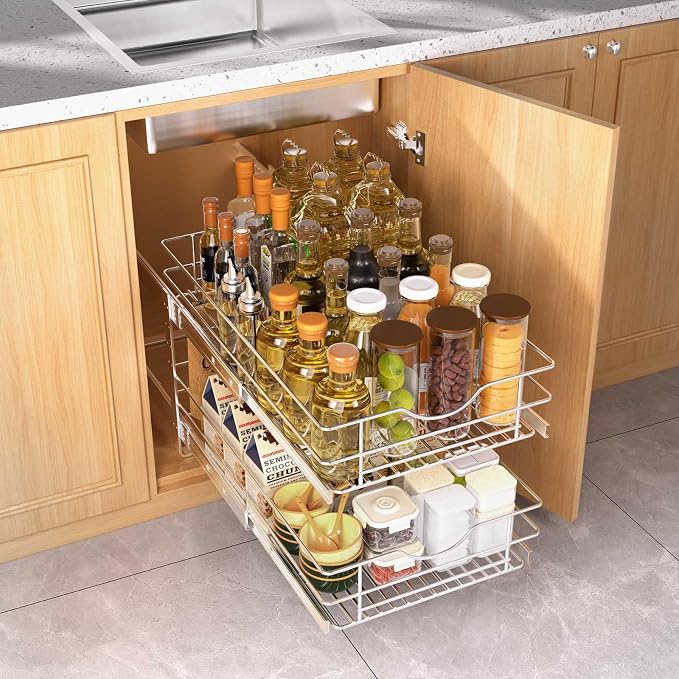 2 Tier Pull Out Cabinet Organizer,(14½"W x 22" D) Soft Close Slide Out Drawer For Kitchen Base Cabinet, Individual Pull Out Shelf, Roll Out Pantry Organization, 22 Inch Deep - Image 2