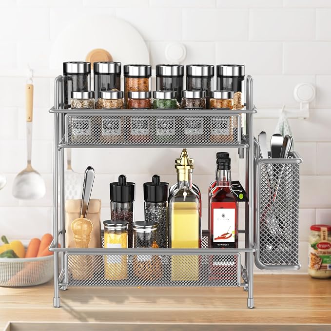 Spice Rack Organizer for Kitchen Counter, Spices Organizer and Storage Seasoning Organizer for Cabinet, Kitchen Metal Countertop Organizer with Side Basket (Grey) - Image 5