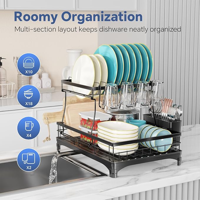 Simple Trending Dish Drying Rack, 2-Tier with Utensil Holder, Black | Stainless Steel Dish Rack for Kitchen Counter, Large Capacity Dish Drainer Organizer, Automatic Drainage, 17"D x 12"W x 15"H - Image 4