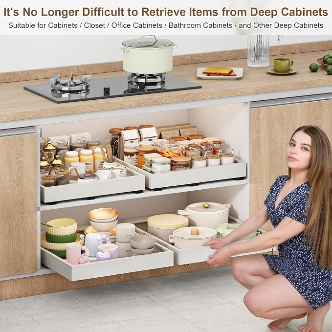 Fokyfok 2Pc Pull out Cabinet Organizer,11"-16"W,17"-24"D,Expandable | No Drill,Adjustable,Roll out Drawers,Adhesive Sliding Drawers,Slide out Shelves for Cabinets Without Lip,Kitchen,Pantry,White - Image 6