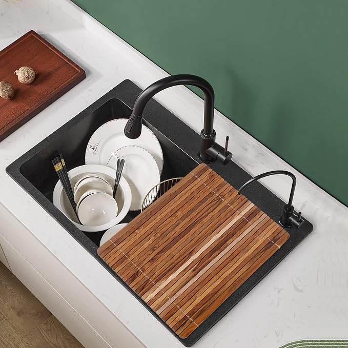 HTB Over Sink Dish Drying Rack 17.8'' x 16.1” Teak Wood | Roll Up Dish Drying Rack for Kitchen Counter,Space Saving,Collapsible Dish Drying Mat for Bowls,Vegetables,Fruits,Bottles - Image 2