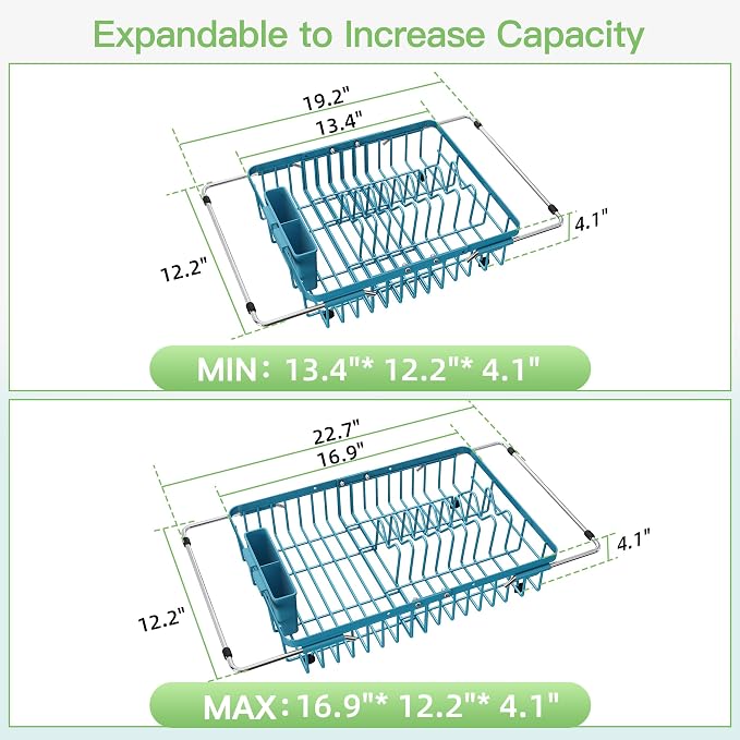 JASIWAY Blue Dish Drying Rack Over the Sink with Utensil Holder | Expandable Stainless Steel Dish Driainers for Small Kitchen, Apartment, Counter Space Saving, Fast Drain, Rust Resistant - Image 4