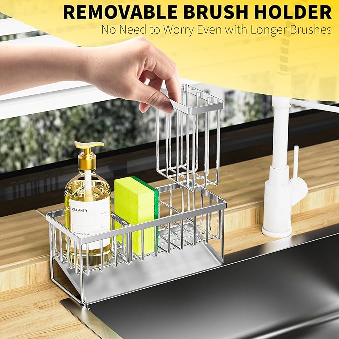 Cisily Sink Caddy Sponge Holder for Kitchen, 304 Stainless Steel Rustproof, Kitchen Sink Caddy with High Brush Holder, Dish Sponge Organizer with Divider(Silver) (Pack of 2) - Image 3