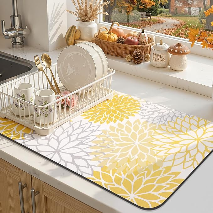 Findosom Fall Dish Drying Mat, 12" x 20" Super Absorbent Dish Mat with Floral, Hide Stain Drying Mat for Kitchen Counter, Under Dish Rack, Coffee Maker, Espresso Machine, Yellow - Image 9