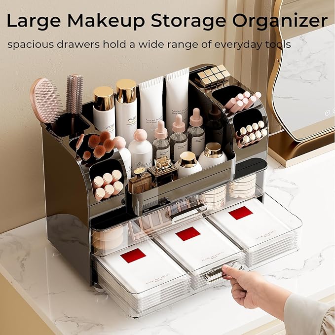 UFORU Makeup Organizer Countertop with 2 Large Drawers for Vanity Bathroom | Brush Holder, Large Capacity, Thickened Plastic, Compact Footprint, Space-Saving Design, Easy Clean, Ideal for Dorm Rooms - Image 3