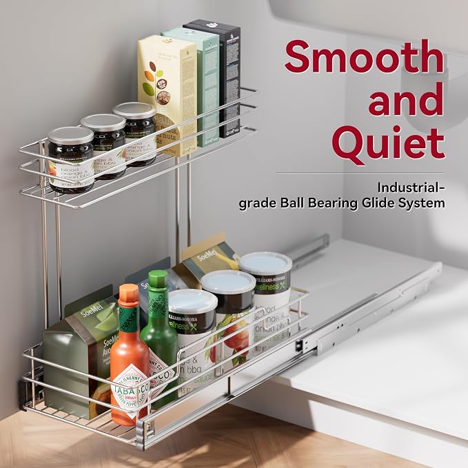 Under Sink Organizer 9" W X19 D, Pull Out Cabinet Organizer 2 Tier | 2 Pack, Chrome Plated, Full Slide Out, Under Kitchen Bathroom Sink Organizer, Pantry Cabinet Closet Organization Rack - Image 5