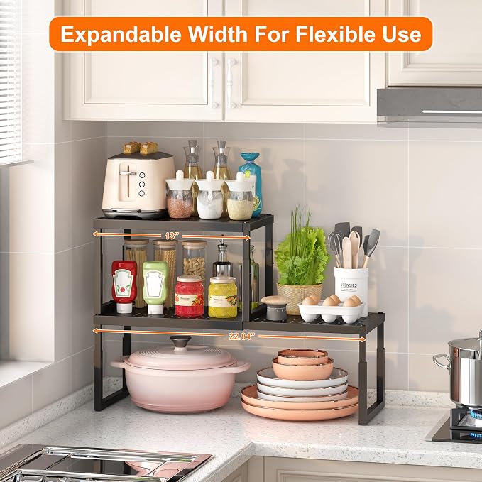 Shelf Organizer Riser For Cabinet Pantry Kitchen Countertop Cupbaord Closet | Expandable Width, Adjustable Height, Stackable As 2-Tier Shelf Rack, Snap-Button: Easily Adjust Height, Heavy Duty Metal - Image 5