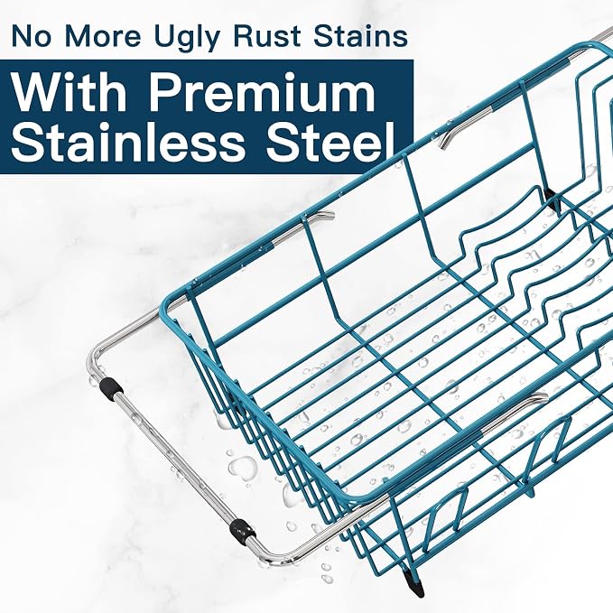 Blue Dish Drying Rack Over Sink with Utensil Holder, Drainboard | Expandable Stainless Steel Dish Drainer for Small Kitchen, Apartment, RV, Counter Space Saving, Perfect Fit, Rustproof - Image 4