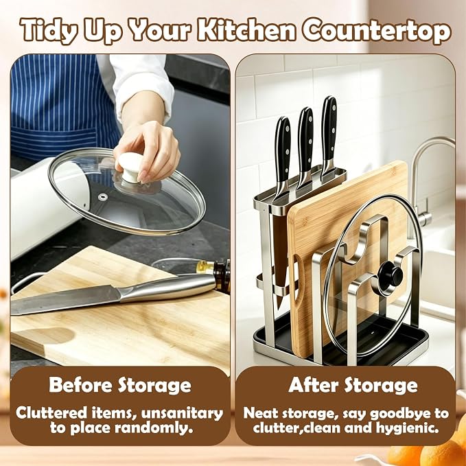 BEEFLYING Pot Lid Cutting Board Holder Organizer for Counterto with Tray | Holds 2 Pot Lids, 7.09*5.5*7.48 In, Stainless Steel, for Holder Spoon Cooking Knives Cutting Board Stove Top Kitchen Counter - Image 5