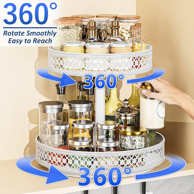 2 Tier Lazy Susan Organizer - Adjustable Rotating Spice Rack 12 inch | Floral Turntable Lazy Susan for Cabinet Pantry Kitchen Countertop Table Top Cupboard Bathroom Vanity Storage Metal White - Image 2