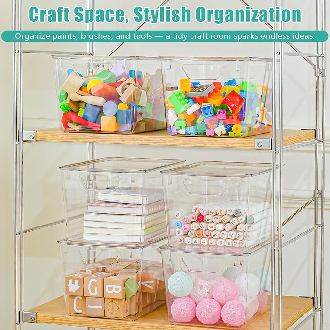 6 Pack Large Clear Storage Bins with Lids, Acrylic Arts and Craft Storage Containers, Stackable Clear Plastic Craft Storage Bins with Handles for Classroom Storage Organization,Kitchen, Fridge, Office - Image 4
