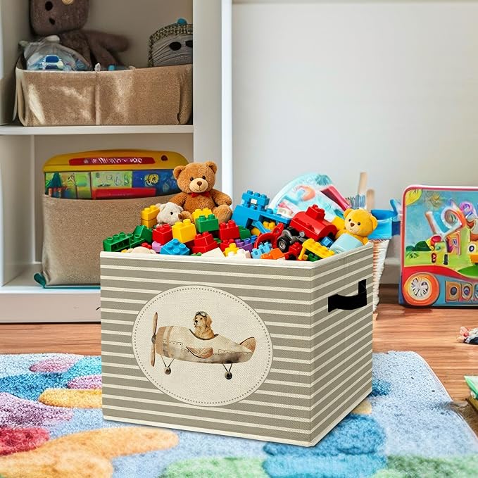 Rustic Golden Retriever Airplane Storage Bins Boxes with Handles | toys books clothes, grey striped nursery foldable basket for organizing bedroom toddler room playroom - Image 2