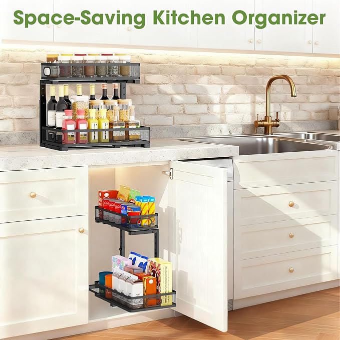 Under Sink Organizer 2-Pack, Metal 2-Tier Pull-Out Cabinet Shelf with Slide-Out Mesh Drawers, Height Adjustable, Space-Saving Under Sink Storage Racks for Kitchen, Bathroom, Laundry Room - Image 9