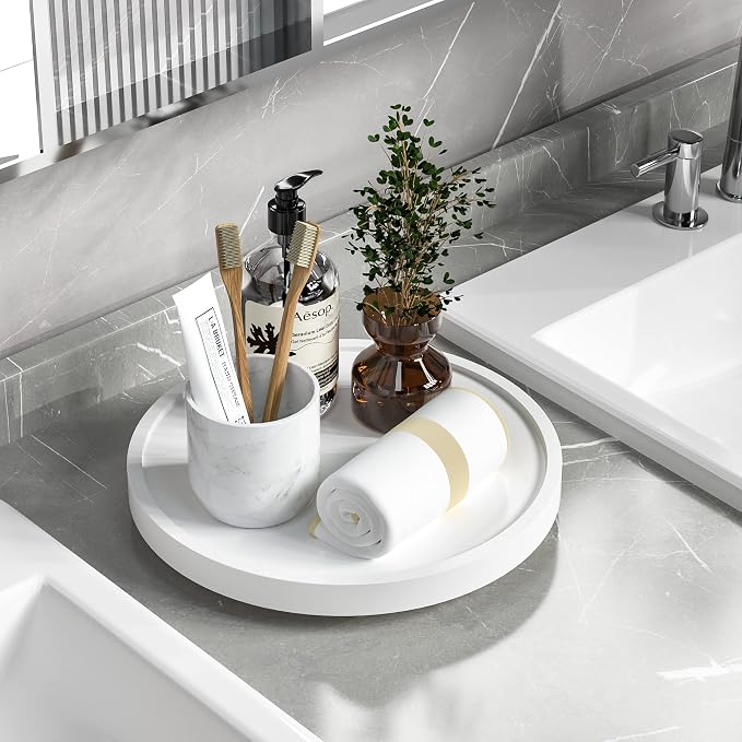 Turntable Vanity Tray, 10 Inch Bamboo Kitchen Sink Countertop Organizer | Perfume Candle Tray, Keep Glass Sponge and Soap, Bathroom Countertop Organizer, White by VeyFey