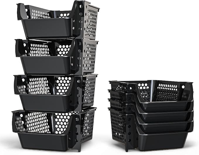 Skywin Stackable Storage Bins Open Front for Pantry Storage, 4 Pack - Black | Sturdy Plastic, Easy Stacking, Breathable & Open Front Design, Pantry Storage for Snacks, Toiletries, and Small Essentials by Skywin