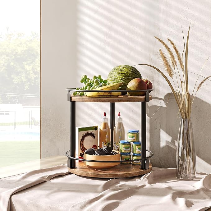 Lazy Susan Organizer, Rotating Spice Rack, 2 Tier Spice Turntable Organizer, Industrial Turntable Spice Holder, for Kitchen Countertop and Cabinet, Compact and Versatile, Rustic Brown SR22BR - Image 8