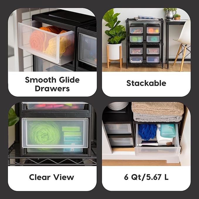 IRIS USA 4-Pack, 6 Qt. Small Stacking Drawer Storage Organizer, Black | Organize dorm essentials, school supplies, toiletries, snacks, and accessories with stackable drawers for small-space storage - Image 4