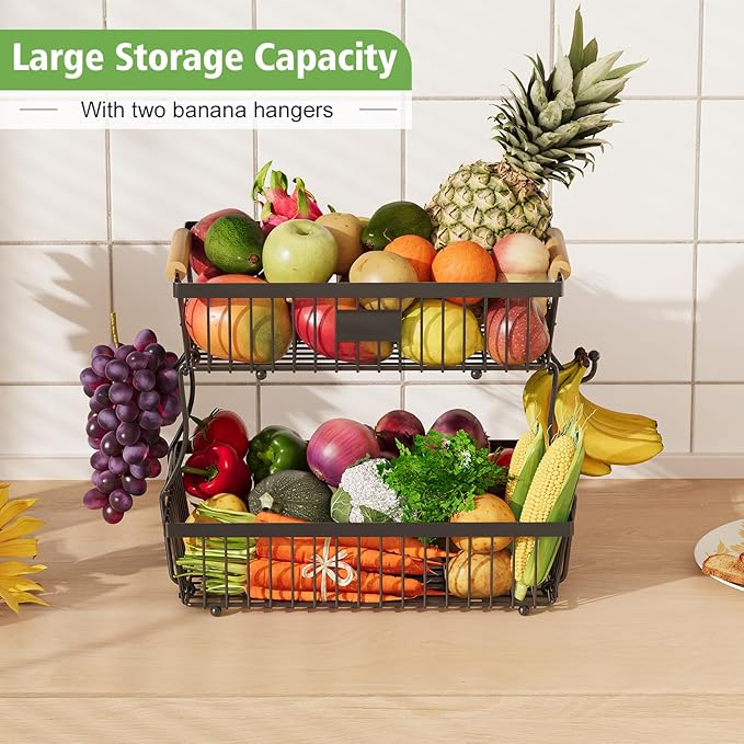 2 Tier Fruit Basket for Kitchen Counter with 2 Banana Hangers, Countertop Metal Bread Basket with Wooden Handle, Large Storage Stand for Vegetables, Snacks, Eggs, Produce Storage – Black - Image 2