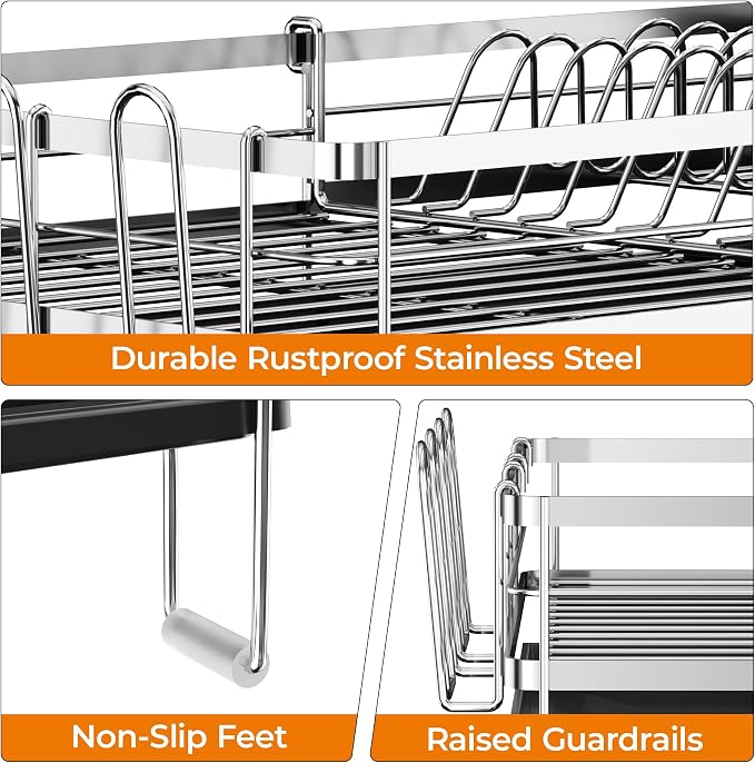 Delamu Stainless Steel Dish Drying Rack, Expandable Dish Drainer | Anti-Rust Dish Racks for Kitchen Counter, Dish Strainers with Drainboard, Utensil & Cup Holder, 13.4"-28.7" L x 11.8" W - Image 4