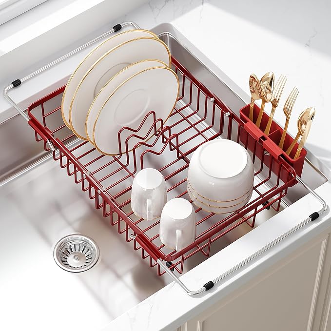 JASIWAY Red Dish Drying Rack Over the Sink with Utensil Holder | Expandable Stainless Steel Dish Driainers for Small Kitchen, Counter Space Saving, Fast Drain, Rust Resistant, For Apartment by JASIWAY