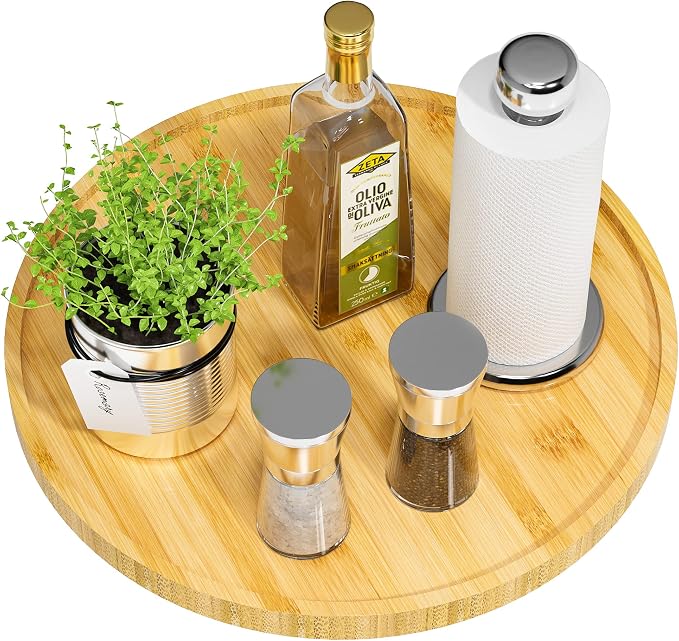 Lazy Susan Organizer, 13.2 Inch Non-Skid Bamboo Turntable | Kitchen Table Cabinets Closets and Kitchen Islands, Wood Turntable for Kitchen Countertop Organizer by VeyFey